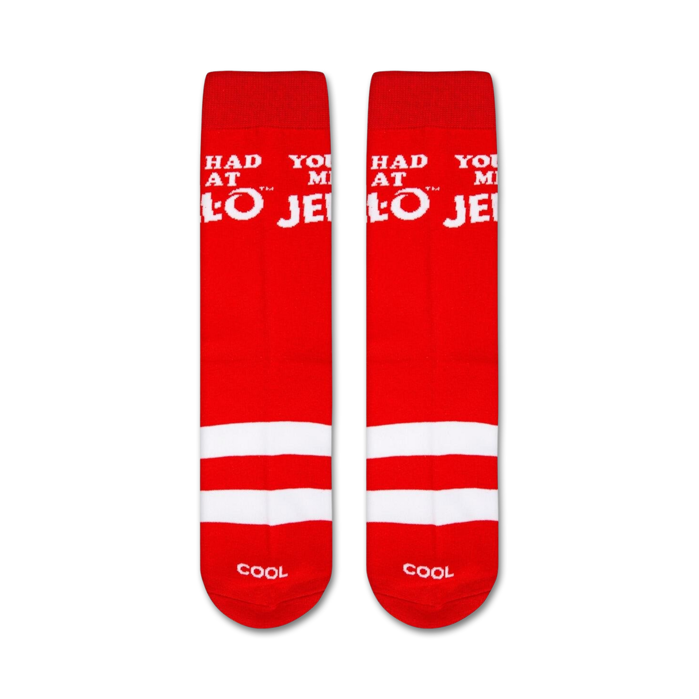 Flat lay product shot of a pair of 'You Had Me At Jell-O' crew socks, showcasing the design detail.