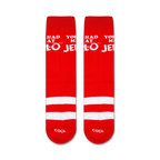 Flat lay product shot of a pair of 'You Had Me At Jell-O' crew socks, showcasing the design detail.