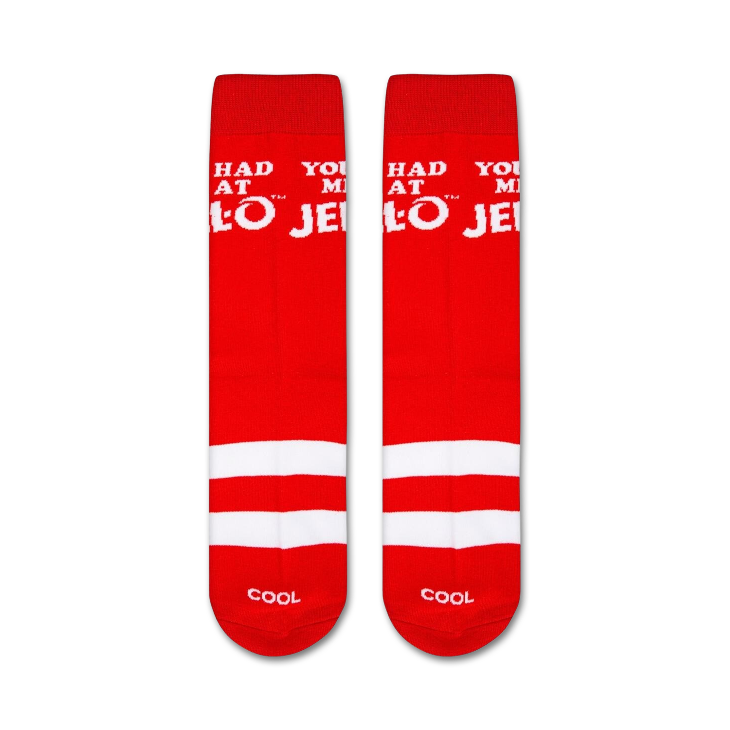 Flat lay product shot of a pair of 'You Had Me At Jell-O' crew socks, showcasing the design detail.
