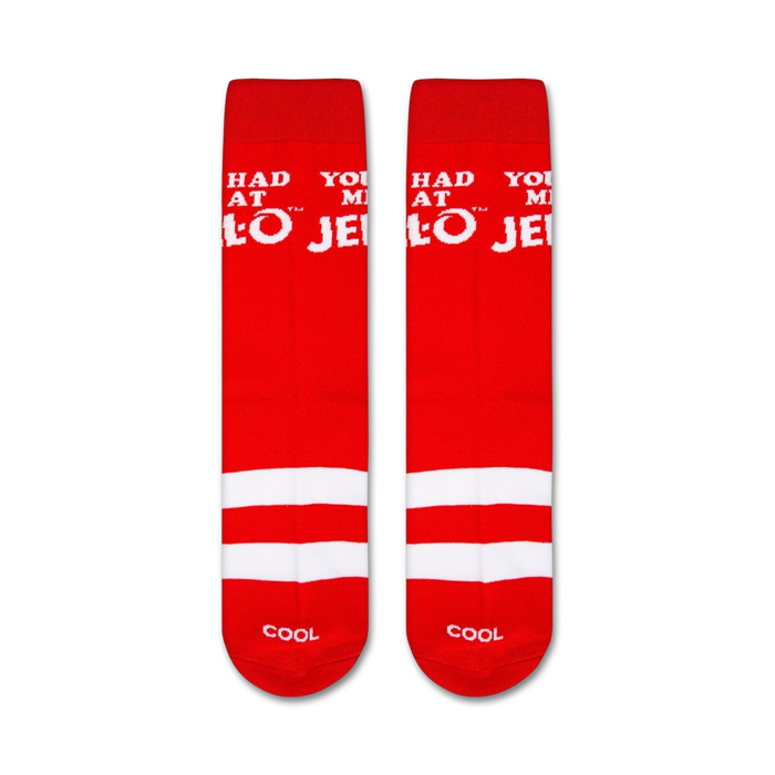 A red sock with white lettering that reads 