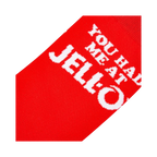 Close-up detail shot highlighting the 'You Had Me At Jell-O' text on the red sock.
