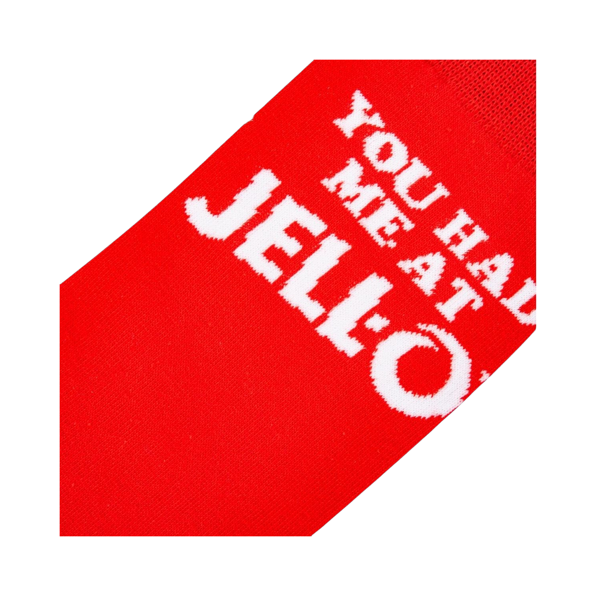 Close-up detail shot highlighting the 'You Had Me At Jell-O' text on the red sock.
