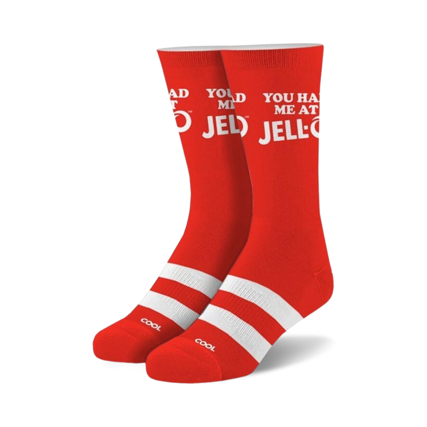 Pair of red crew socks with white stripes and the phrase 'You Had Me At Jell-O' in white lettering.