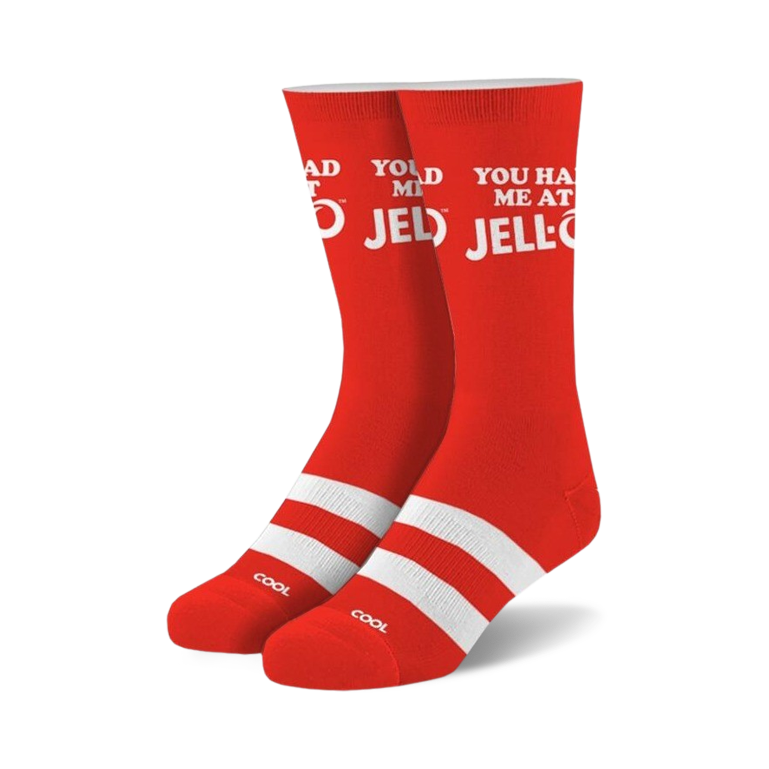 Pair of red crew socks with white stripes and the phrase 'You Had Me At Jell-O' in white lettering.