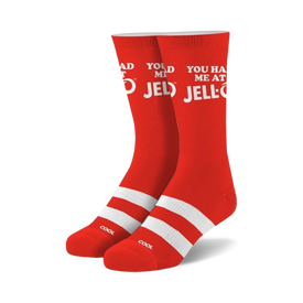 socks that are red with white stripes around the ankle area and white toes. the words "you had me at jell-o" are written on the front of the socks in white letters.