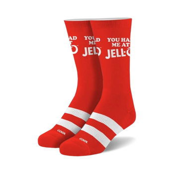 socks that are red with white stripes around the ankle area and white toes. the words "you had me at jell-o" are written on the front of the socks in white letters.
