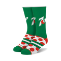Pair of crew socks; green and white color scheme; large red and white polka dots at the bottom, 7UP logo on the top.