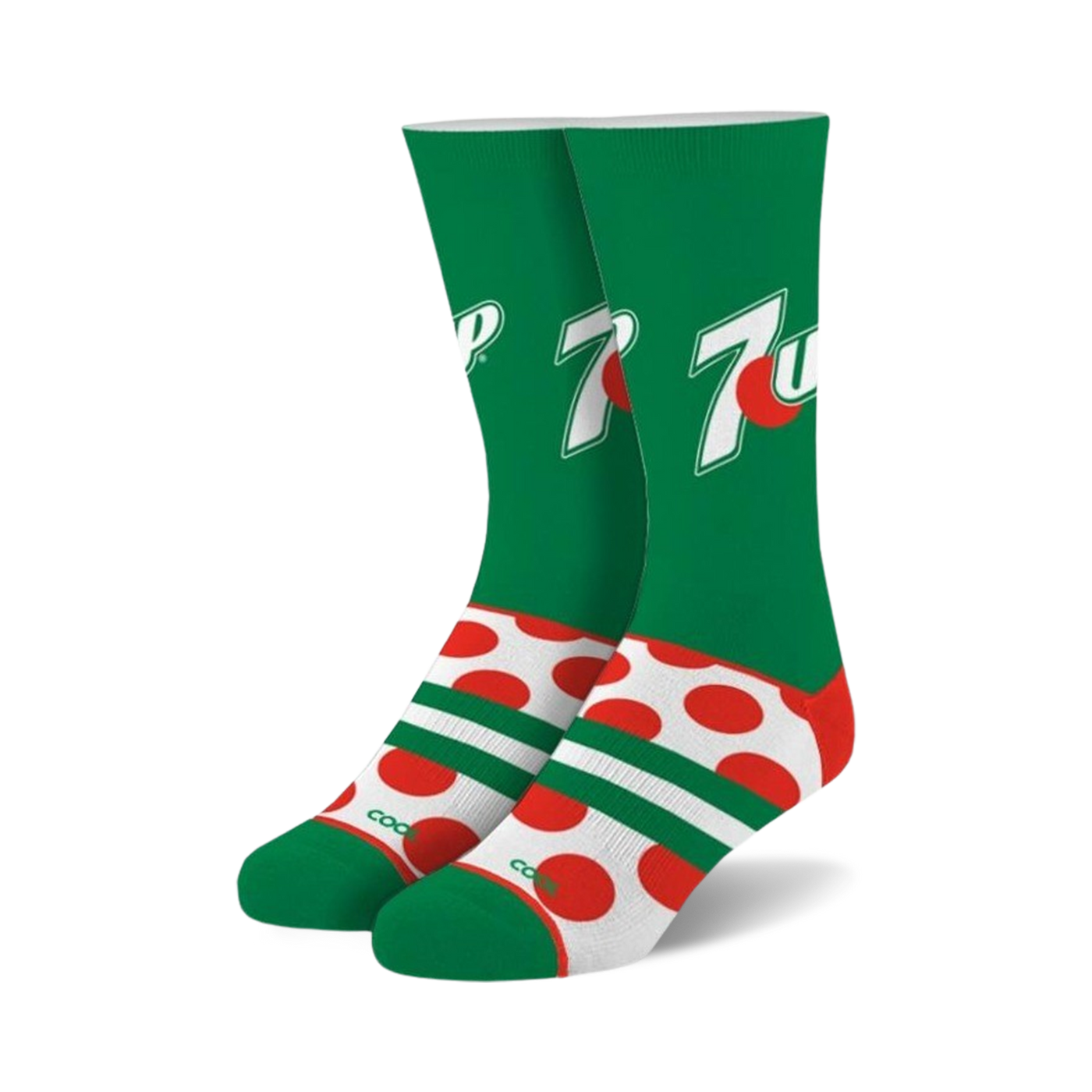 Pair of crew socks; green and white color scheme; large red and white polka dots at the bottom, 7UP logo on the top.