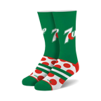 Pair of crew socks; green and white color scheme; large red and white polka dots at the bottom, 7UP logo on the top.