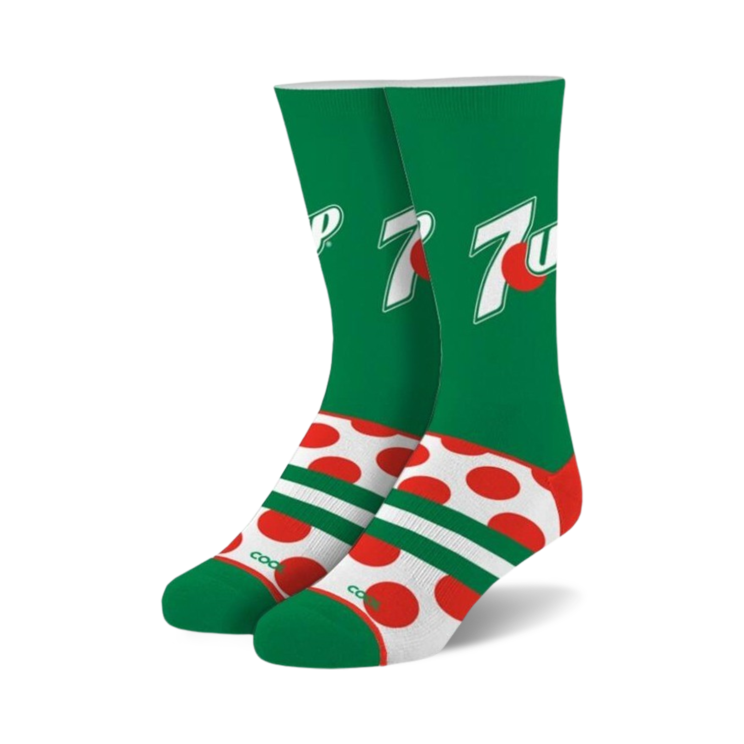 Pair of crew socks; green and white color scheme; large red and white polka dots at the bottom, 7UP logo on the top.