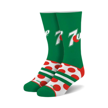 crew-length 7up logo socks in green with red and white polka dots for men and women.   