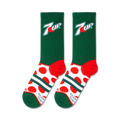 Flatlay of two 7UP Big Dots socks showcasing the design details and color scheme.