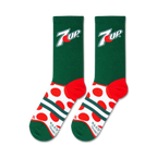 Flatlay of two 7UP Big Dots socks showcasing the design details and color scheme.
