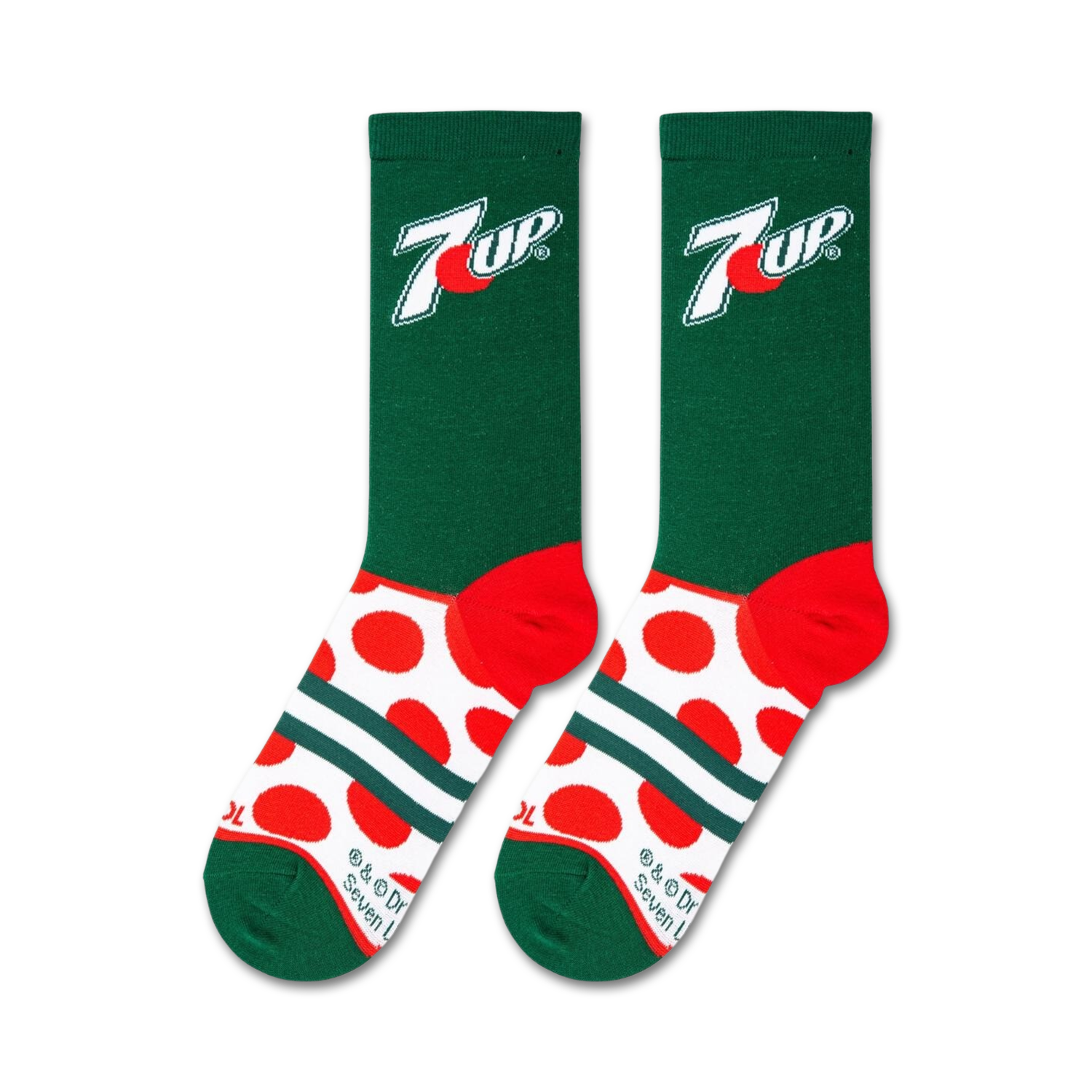 Flatlay of two 7UP Big Dots socks showcasing the design details and color scheme.