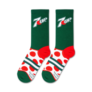 A close up of a green sock with a red circle and white 7UP logo.