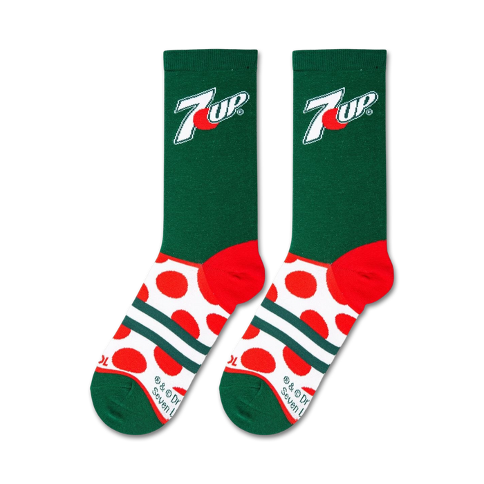 A close up of a green sock with a red circle and white 7UP logo.