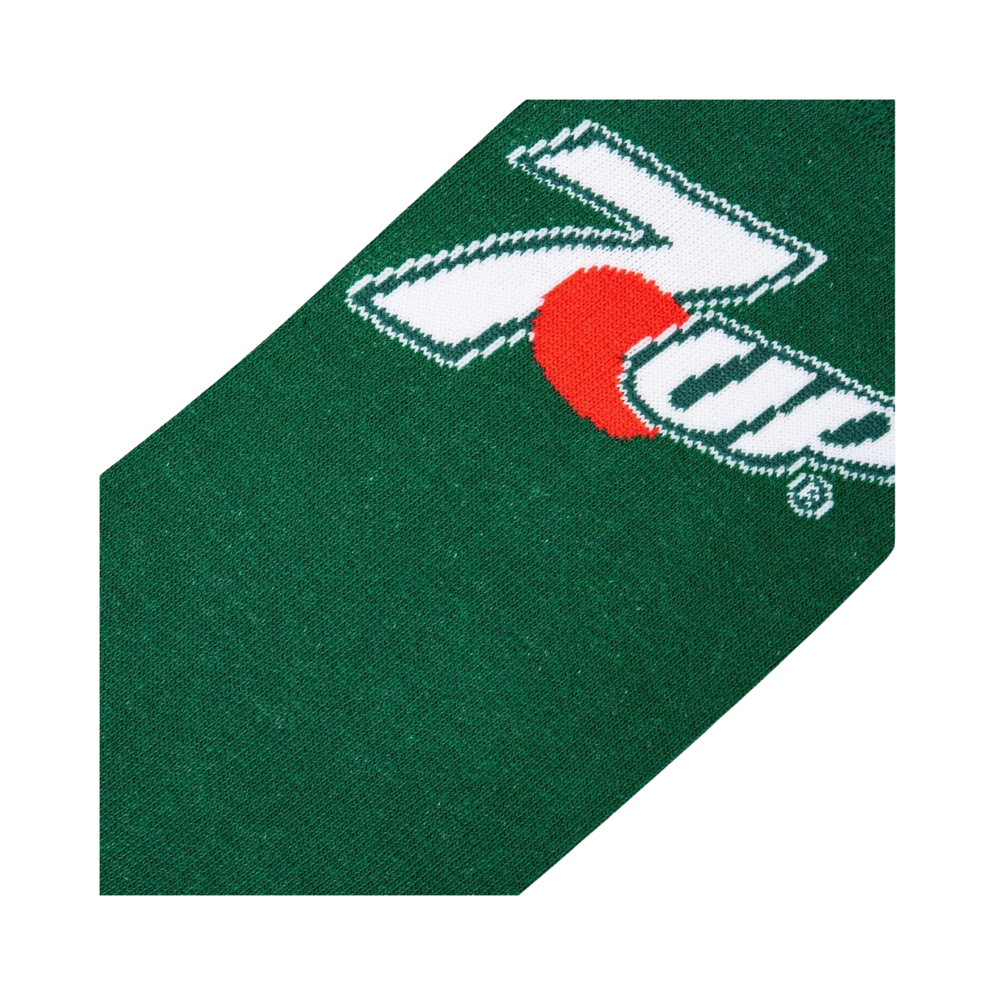 Close-up detail shot of the 7UP logo on the green portion of the sock.