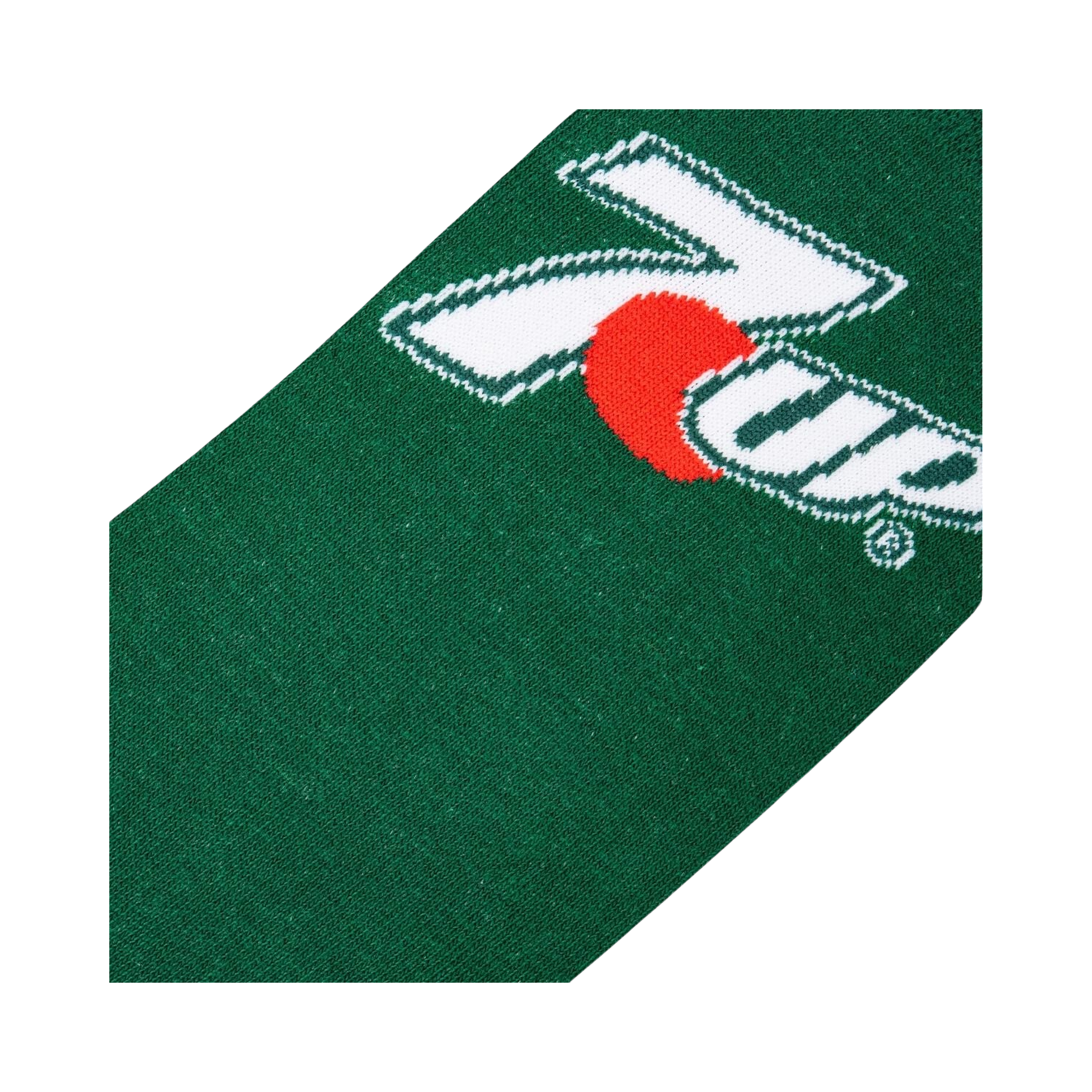 Close-up detail shot of the 7UP logo on the green portion of the sock.