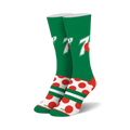 Pair of crew socks; green, white, and red; featuring the 7UP logo and red polka dots.