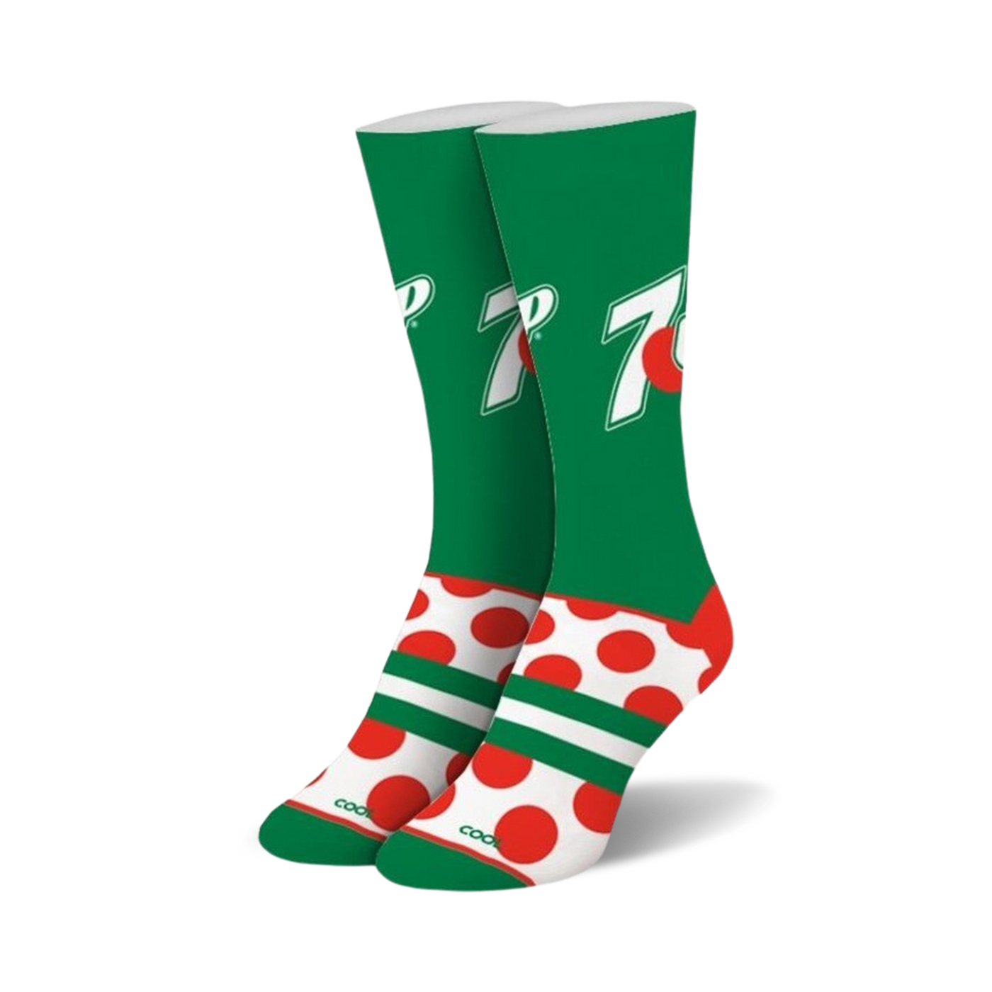 Pair of crew socks; green, white, and red; featuring the 7UP logo and red polka dots.
