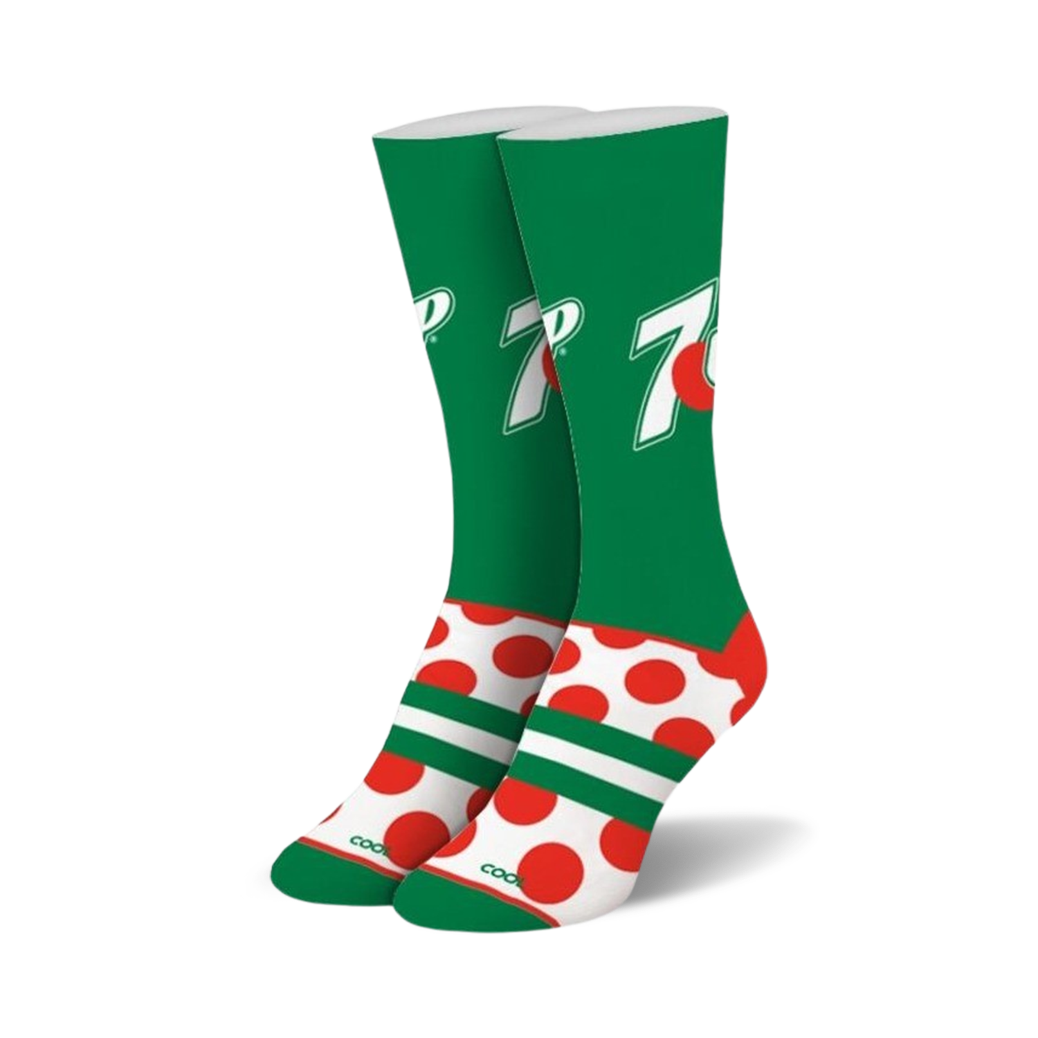 Pair of crew socks; green, white, and red; featuring the 7UP logo and red polka dots.