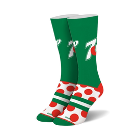 red and green socks with polka dots, 7up logo, and stripes. crew length. for men.  