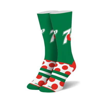 red and green socks with polka dots, 7up logo, and stripes. crew length. for men.  