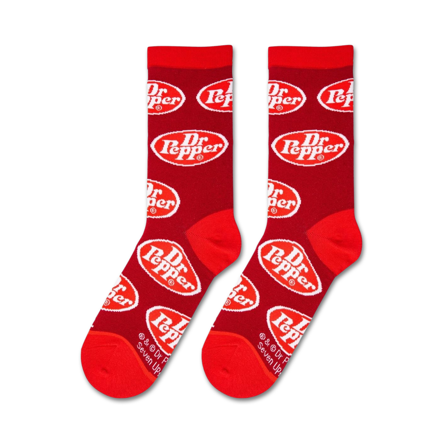 Flatlay showcasing two Dr Pepper Retro crew socks.