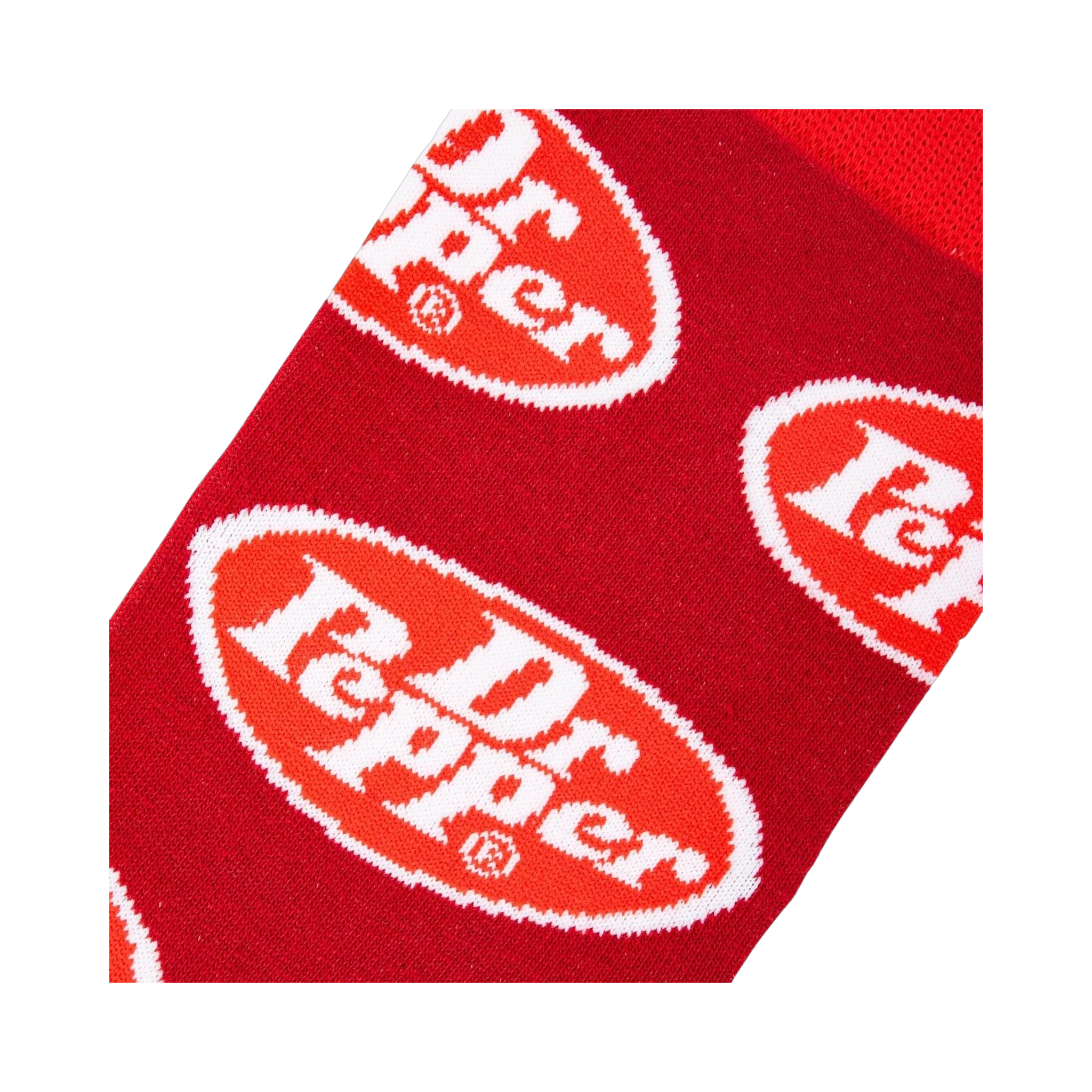 Close-up detail shot of the Dr Pepper logo on the socks.