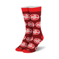 Pair of red crew socks with a repeating Dr Pepper logo pattern. White logo on red background.