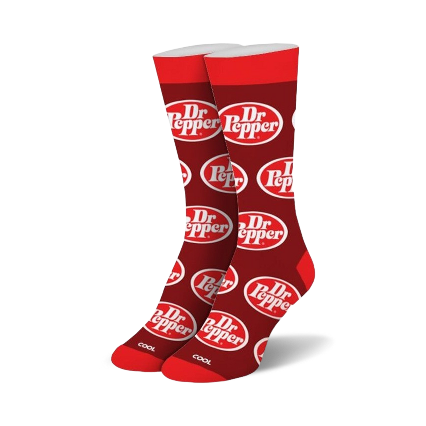 Pair of red crew socks with a repeating Dr Pepper logo pattern. White logo on red background.
