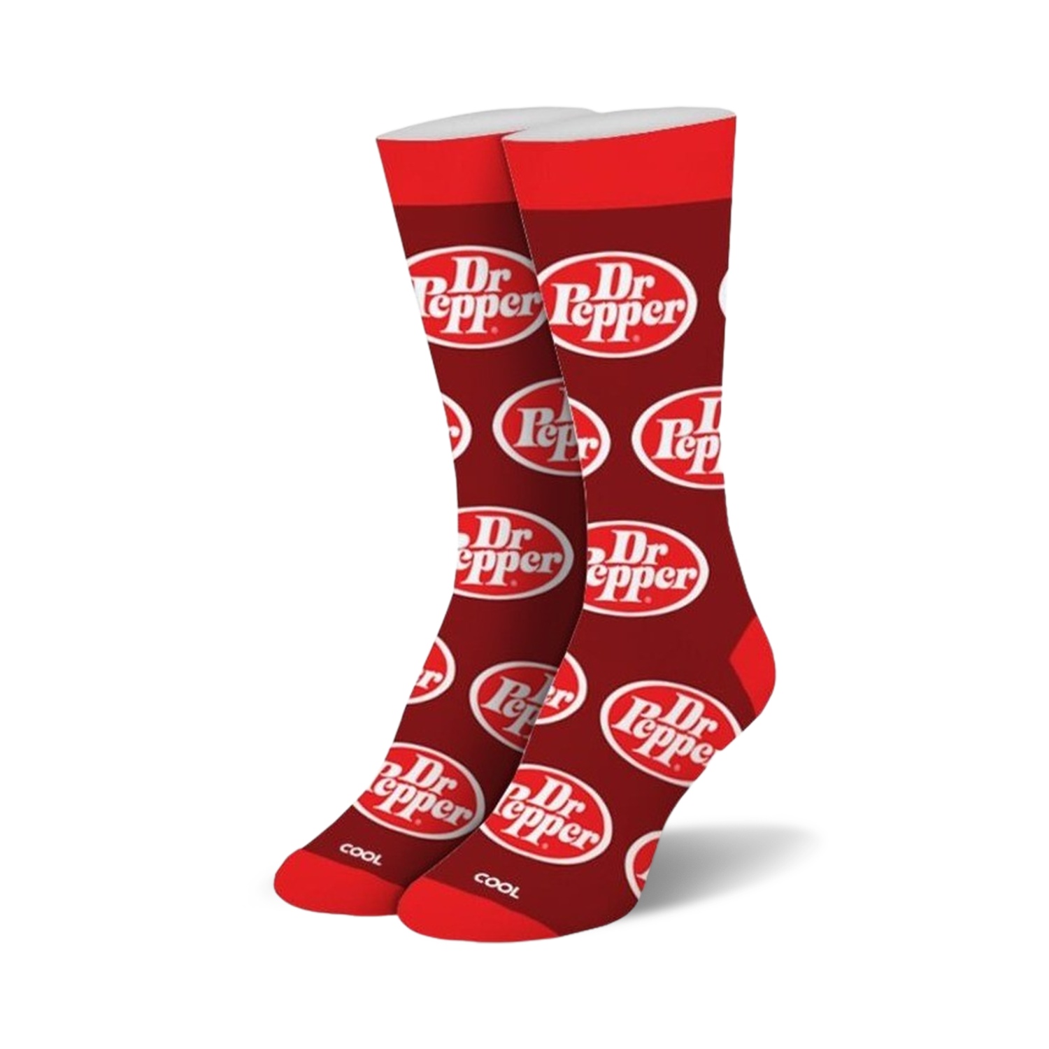 Pair of red crew socks with a repeating Dr Pepper logo pattern. White logo on red background.