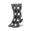 Pair of gray crew socks with a playful pattern of black and white Oreo cookie designs. 