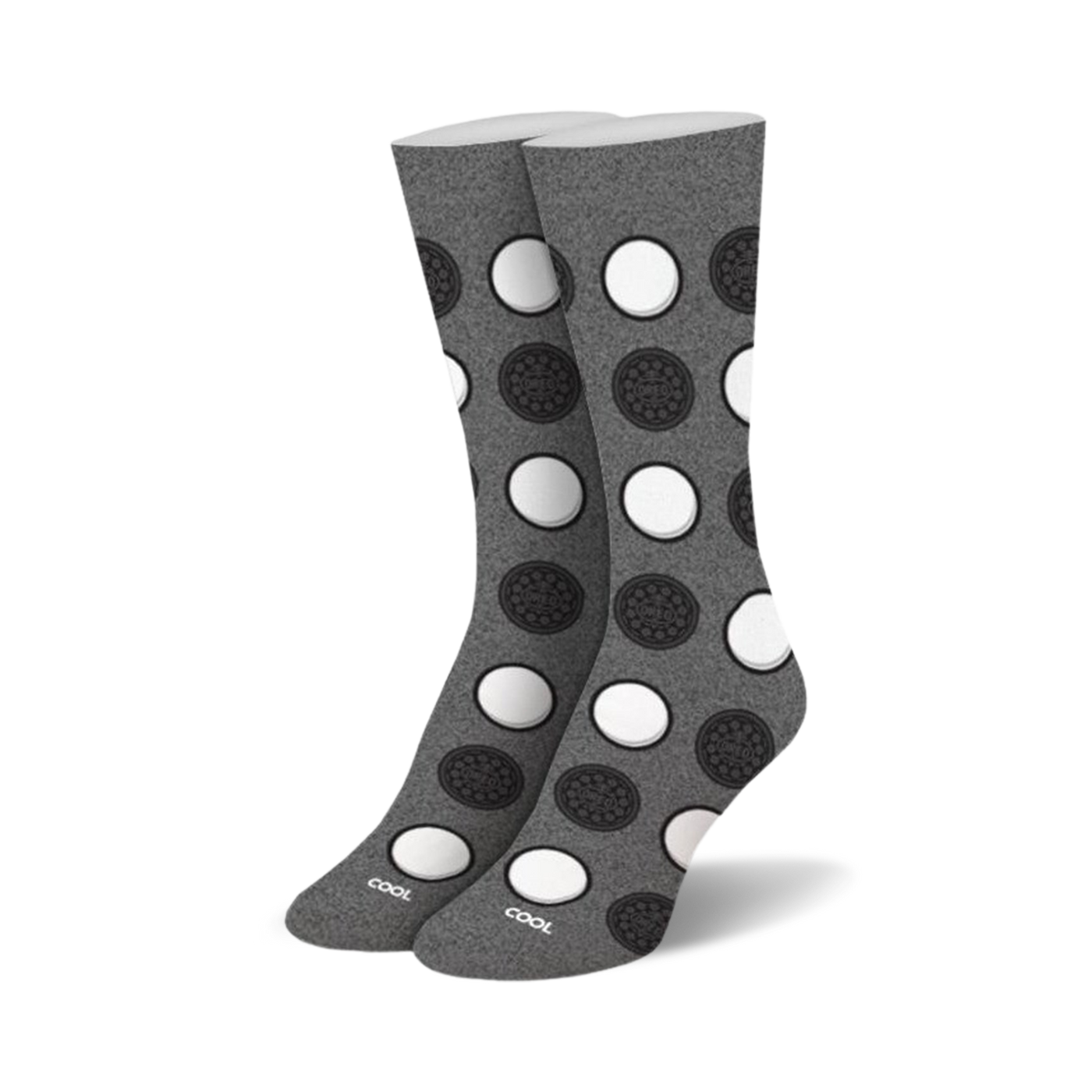 Pair of gray crew socks with a playful pattern of black and white Oreo cookie designs. 
