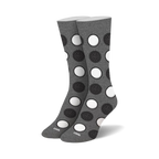 Pair of gray crew socks with a playful pattern of black and white Oreo cookie designs. 