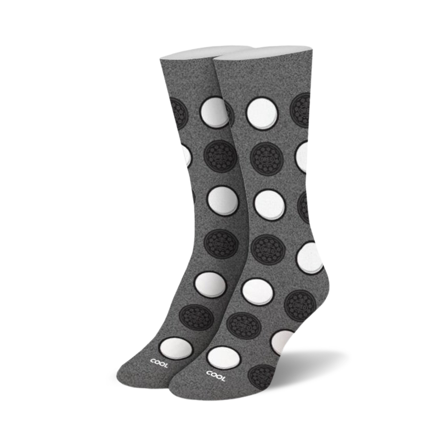 Pair of gray crew socks with a playful pattern of black and white Oreo cookie designs. 