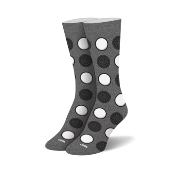 gray crew socks with white polka dot oreo cookie pattern for women.  