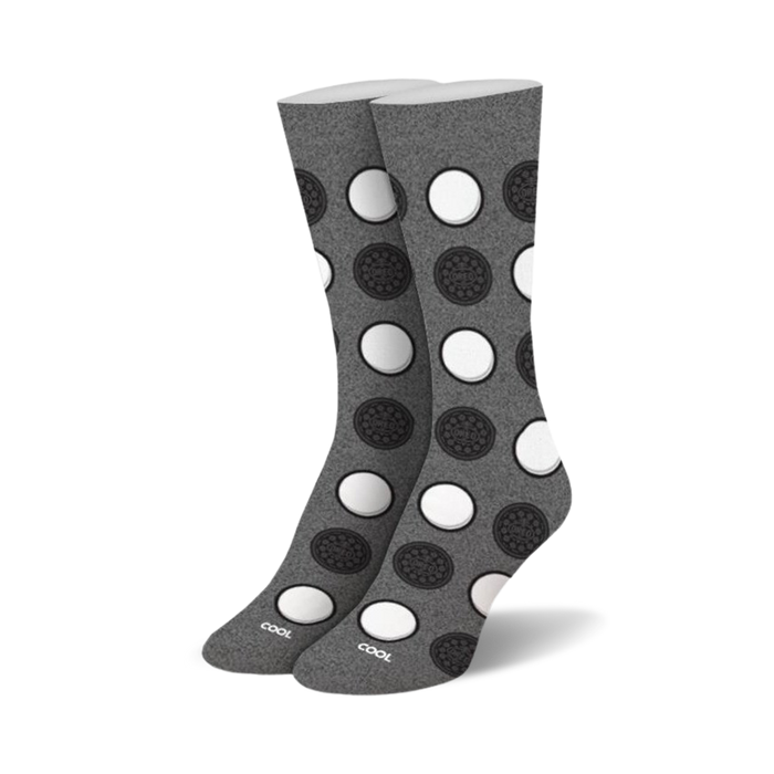 gray crew socks with white polka dot oreo cookie pattern for women.  