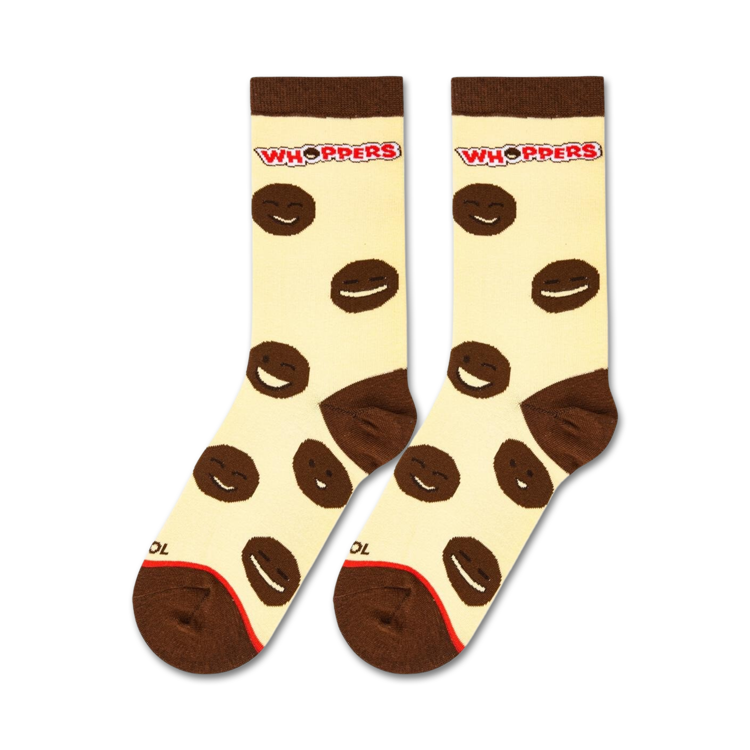 Flatlay showcasing a pair of Whoppers socks, highlighting the sock's design and color scheme.