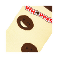 Close-up detail shot of Whoppers sock, emphasizing the Whopper-face emoji and text detail.