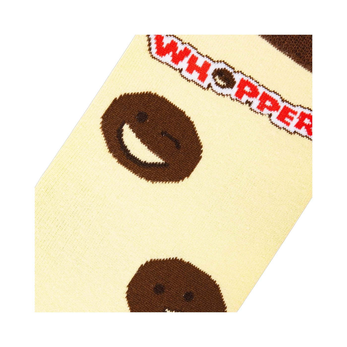 Close-up detail shot of Whoppers sock, emphasizing the Whopper-face emoji and text detail.