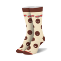 Pair of cream-colored crew socks with brown Whopper-face emojis and 'Whoppers' text. Fun, quirky design.