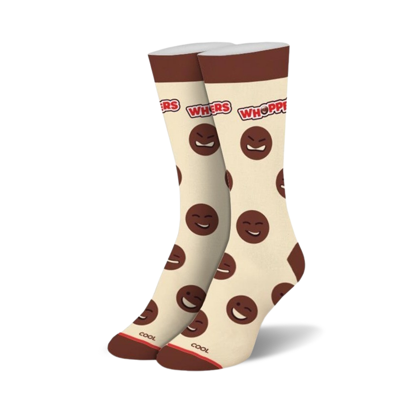 Pair of cream-colored crew socks with brown Whopper-face emojis and 'Whoppers' text. Fun, quirky design.