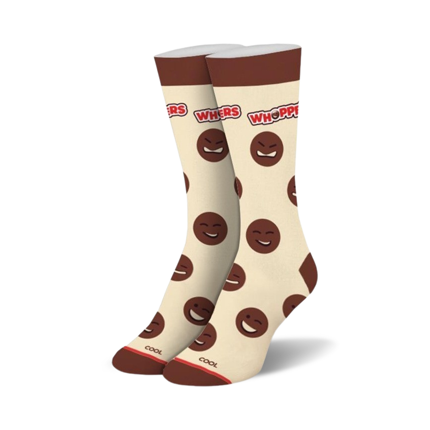 Pair of cream-colored crew socks with brown Whopper-face emojis and 'Whoppers' text. Fun, quirky design.