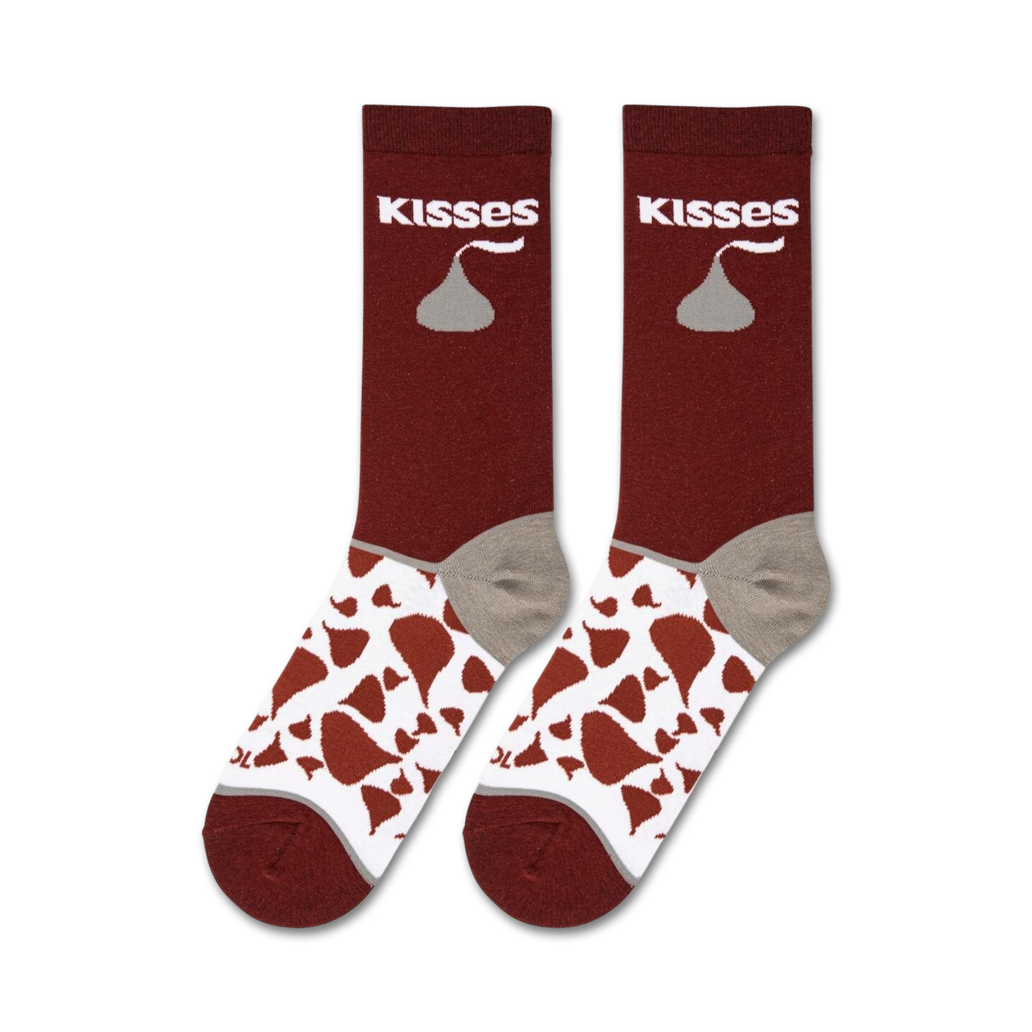 Lifestyle shot of Hershey's Kisses socks on a person's feet.