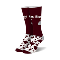 Pair of burgundy and white crew socks with Hershey's Kisses logo and design.  Features a burgundy top with white Kisses and a white bottom with burgundy Kisses.