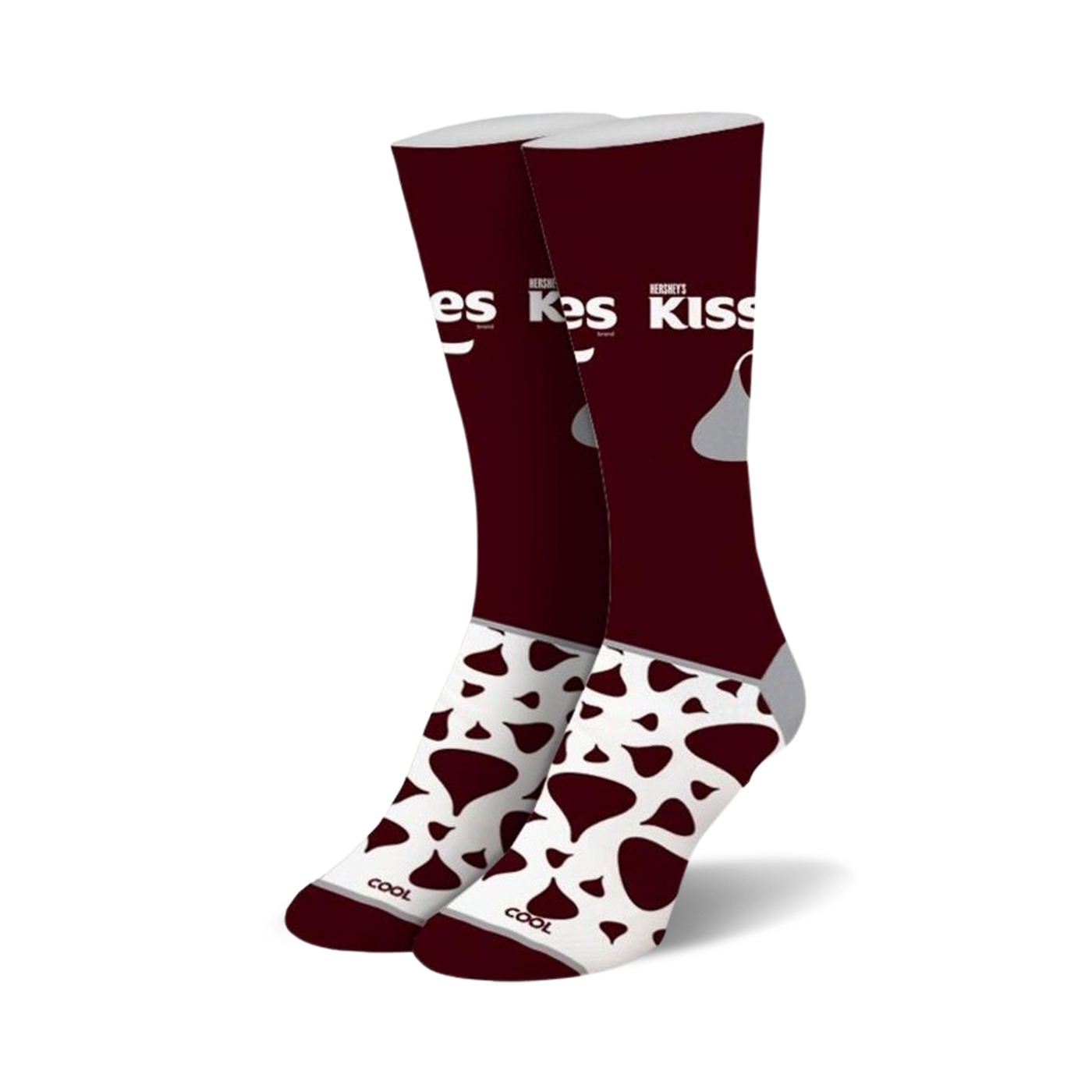 Pair of burgundy and white crew socks with Hershey's Kisses logo and design.  Features a burgundy top with white Kisses and a white bottom with burgundy Kisses.