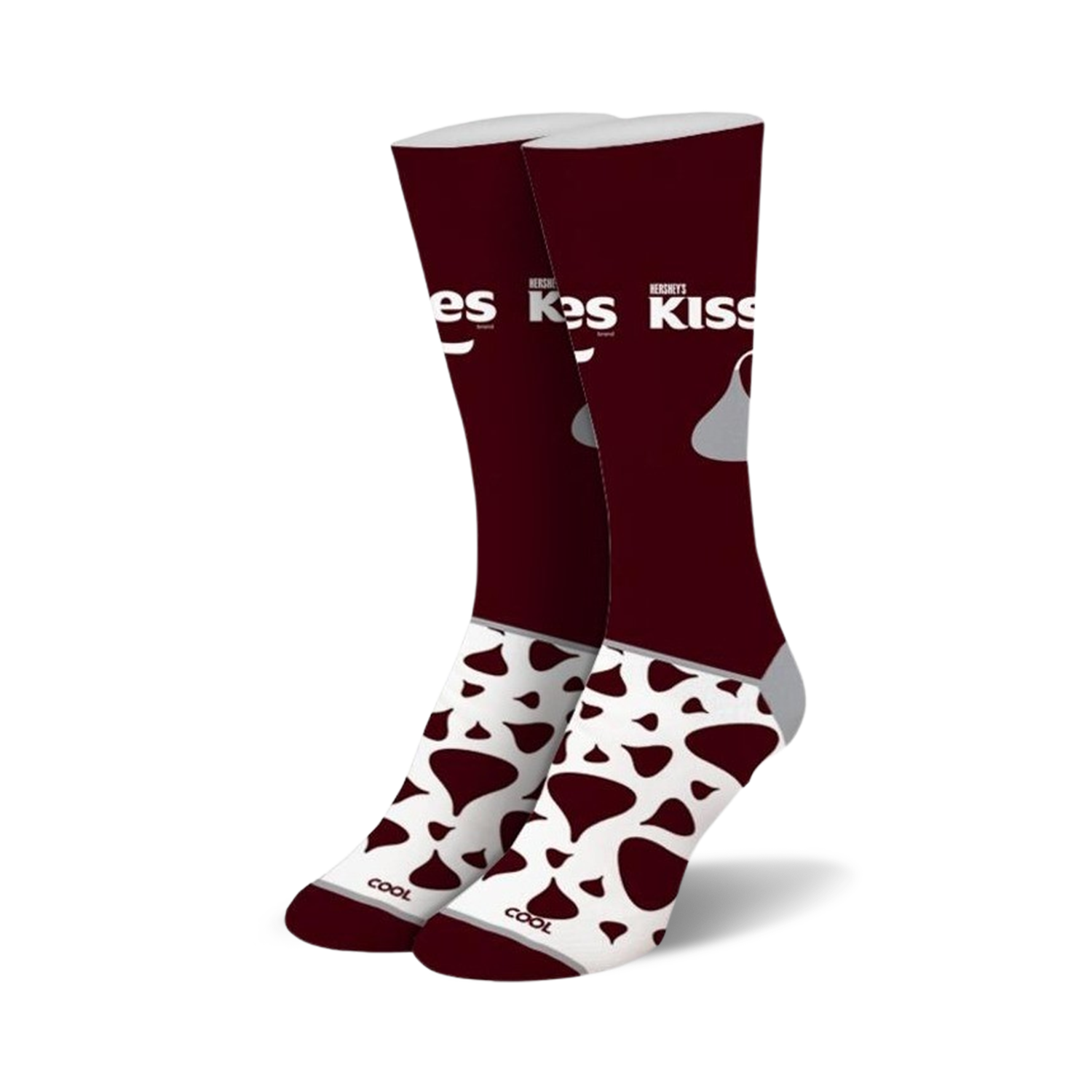Pair of burgundy and white crew socks with Hershey's Kisses logo and design.  Features a burgundy top with white Kisses and a white bottom with burgundy Kisses.