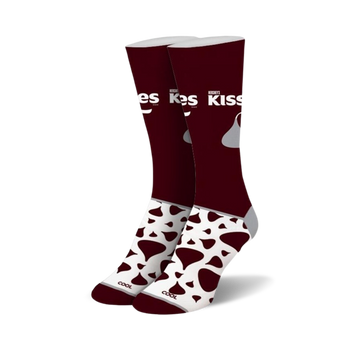 women's crew socks in dark red feature a white hershey's kisses pattern.  