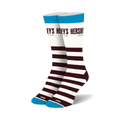 Pair of crew socks in white, brown, and teal.  Features Hershey's Cookies 'n' Creme branding and horizontal stripes.